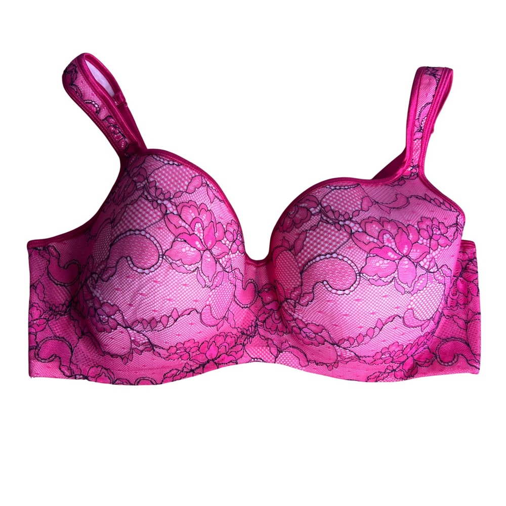 Cacique Full Coverage Size 42DD Hot Pink Black Floral Lace Underwire